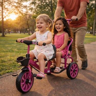Imagem de Triciclo Infantil Duplo 2 Lugares com Empurrador e Haste Guia Cesto e 