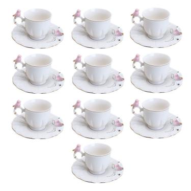 Imagem de Jogo 10 Xícara De Café Porcelana Rosa E Branca Birds Pássaro Com Pires 100ml Wolff