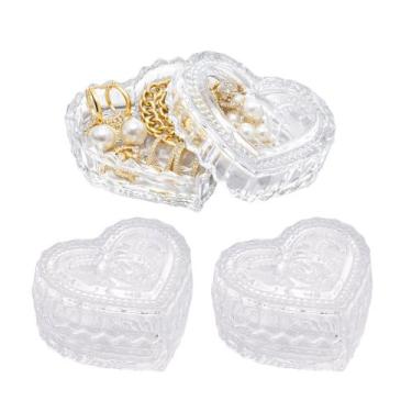 Imagem de Kit 3 Mini Potiche Porta Jóia Bomboniere de Cristal Coração com Tampa 