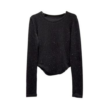 Imagem de Camiseta Feminina plus Size De Manga Longa Com Strass E Diamantes Em S