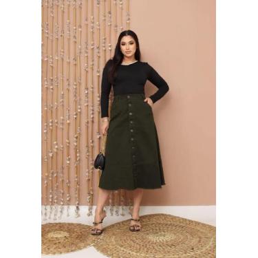 Imagem de Saia Jeans Longa Verde Militar Toda Lisa Feminina Com Bolsos e Botões 