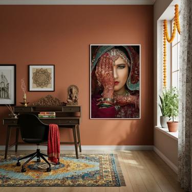 Imagem de Quadro Noiva Indiana com Tatuagens de Henna - 70x50cm