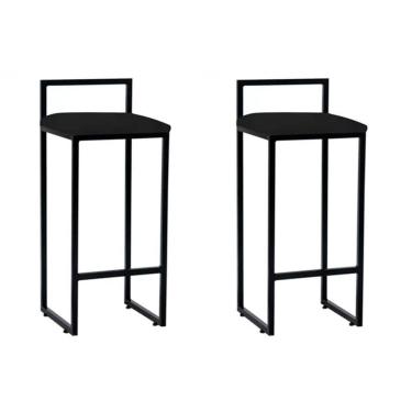Imagem de Kit 2 Banquetas Bistrô Industrial Dori Assento Tecido Base Fixa com Encosto 80CM Preto