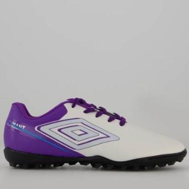 Imagem de Chuteira Umbro Adamant Top Speed Society Juvenil Branca e Roxa-Unissex