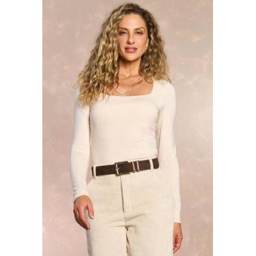 Imagem de Blusa manga longa doce trama decote quadrado feminina ref:106098, Giz,