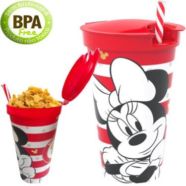 Imagem de Copo Infantil C/ Canudo Porta Lanche Minnie Vermelha 540ml - Plasutil