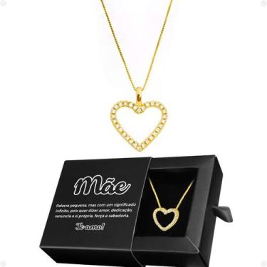 Imagem de Colar Feminino Dourado Caixa Pingente Mãe Coração casual social inoxid