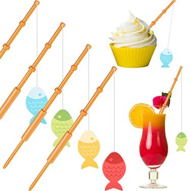 Imagem de 20 peças, decoração de mini mastro de peixe, pequeno pescador, varetas para mini cupcake para festa de aniversário, festa tropical aperitivo decoração de bolo