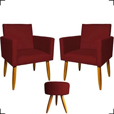 Imagem de Kit 2 Poltronas Decorativas Para Sala + Puff Redondo Para Recepção Manicure Sala De Espera Consultório Escritório Sala De Estar Suede Cores Pé Castanho - Clique & Decore (Bordô)