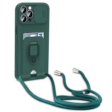 Imagem de Capa para iPhone 14/14 Pro/14 Plus/14 Pro Max, capa traseira fina, capa deslizante de proteção de lente, cordão, anel giratório, slot para cartão, capa de TPU à prova de choque, verde, 14 plus 6,7 polegadas