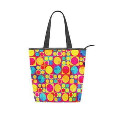 Imagem de Bolsa feminina de lona durável com círculos coloridos e brilhantes, bolsa de ombro para compras com grande capacidade
