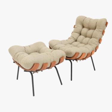 Imagem de Poltrona com Puff Costela Madeira e Linho - Casuni, Rustico Bege