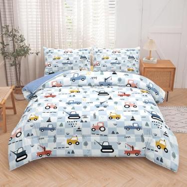 Imagem de Peopleareok Jogo de cama solteiro com escavadeira (168 x 203 cm), 2 peças, maquinaria de construção, caminhão, trator, para crianças, meninos, super macio, microfibra supermacia com 1 fronha