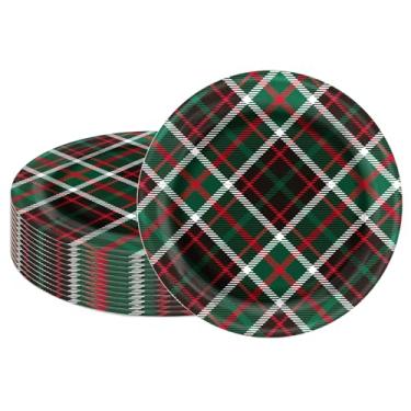 Imagem de LeZakaa 25 peças de pratos de papel de Natal, vermelho, verde, preto, tartã, xadrez, descartáveis, pratos de festa, artigos de mesa, decoração de mesa para jantar, sobremesa, 23 cm