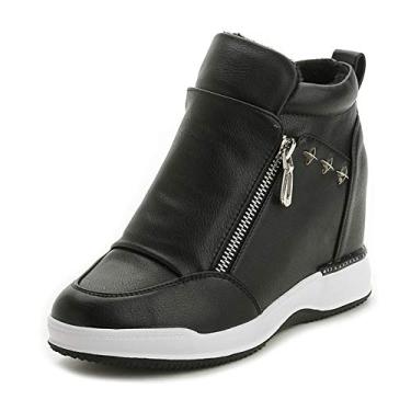 Imagem de Bigfanshu Botas de veludo quentes e plataforma sapatos femininos primavera botas femininas tornozelo anabela aumentada, Preto, 5