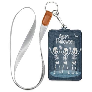 Imagem de Wassud Porta-crachá de couro PU Skeletons Halloween com cordão, porta-cartão de identificação para trabalho, cordão de pescoço com compartimentos para cartões de crédito, funcionários, estudantes