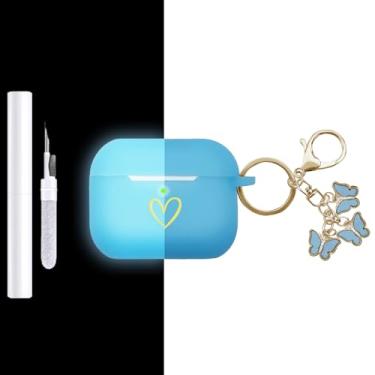 Imagem de AIIEKZ Capa compatível com AirPods Pro 3 2025, capa de silicone macio com padrão de coração dourado para AirPods Pro 3ª geração com chaveiro de borboleta fofo para meninas e mulheres (azul Nightglow