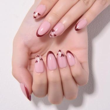 Imagem de Valentines Nude Pink French Red Tip Press on Nails Short Amêndoa, Unhas postiças com desenhos de coração vermelho, unhas postiças reutilizáveis, cobertura completa, unhas postiças de acrílico com cola