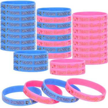 Imagem de Serencatcher 24 peças de pulseiras de silicone Beauty or Beats Revelação de gênero rosa e azul, Team Beauty Team Beast para jogos de decoração de chá de bebê dos anos 80, 90, hip hop, ele ou ela, chá