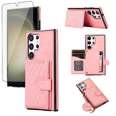 Imagem de Asuwish Capa carteira para Samsung Galaxy S23 Ultra 5G com protetor de tela de vidro temperado e alça transversal com suporte para cartão S23Ultra 23S S 23 23Ultra 17.3 cm feminino meninas rosa
