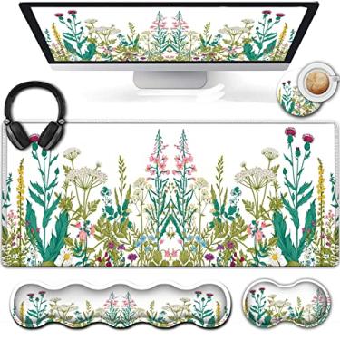 Imagem de Mouse pad grande para jogos, mouse pad estendido com base de borracha natural antiderrapante, descanso de pulso ergonômico para teclado para casa/escritório, almofada de escrita, aquarela, flores