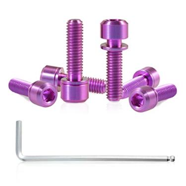 Imagem de SPEEDWOX Conjunto de 6 parafusos de haste de bicicleta com arruelas, liga de titânio, parafusos cônicos hexagonais Allen para peças de haste de bicicleta de estrada, M5 x 18 mm roxo
