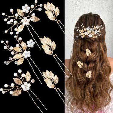 Imagem de 6 alfinetes de cabelo para casamento, folha dourada, peça de cabeça de noiva, cristal, pérola, floral, acessórios de cabelo vintage para damas de honra, noivas, mulheres e meninas