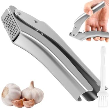 Imagem de Espremedor de alho de aço inoxidável com escova sem necessidade de descascar espremedor de alho com alça ergonômica alho à prova de ferrugem (prata)