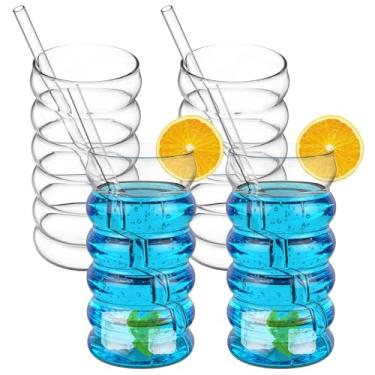 Imagem de LCZNXJJY 4 peças de copos de vidro canelados, copos de café gelado de 500 ml/481.9 g com canudo, copo para beber bolha, design em forma de onda, copo de água de vidro canelado para suco, chá, bebidas