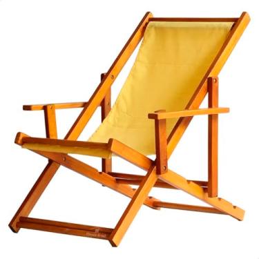 Imagem de Espreguiçadeira em Madeira Maciça para Piscina, Praia – Com Braço, Dobrável, Acabamento Envernizado (Amarelo)