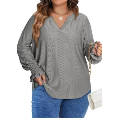 Imagem de Blusa Eytino Plus Size Split com decote em V, manga comprida, cinza