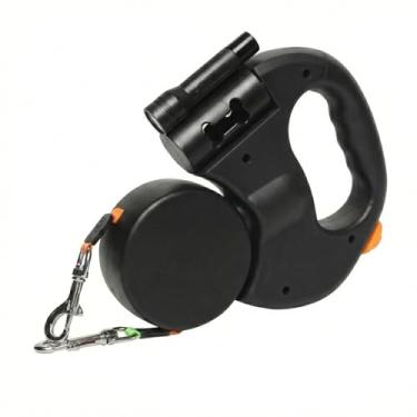Imagem de Guia duplo super resistente para cães com coleira retrátil para animais de estimação, para passear, extensível, flexível, corda de tração de duas cabeças, com luz LED (Preto)