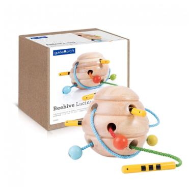 Imagem de Brinquedo de encaixar Guidecraft Beehive Lacing em madeira com colmeia e 3 abelhas em cordões coloridos