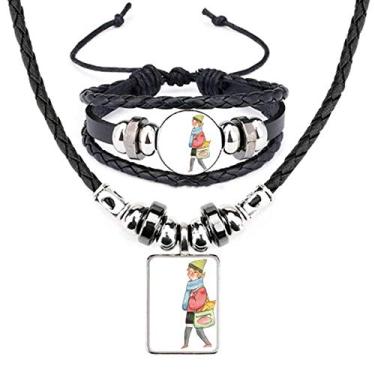 Imagem de Miaoji Pintura Gato Compras Menina Couro Colar Pulseira Conjunto de Joias