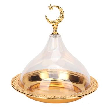 Imagem de Bandeja de bolo Eid Mubarak com cúpula, prato redondo de servir, padrões dourados em relevo, aço inoxidável, acrílico, prato para servir em casa, café, casamento