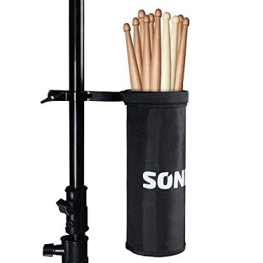 Imagem de SONICAKE Suporte de baqueta, bolsa de nylon ajustável, bolsa de contêiner para baquetas ou pincéis, suporte de liga de alumínio com trava de fixação para conjunto de bateria, até 5 pares de bastões