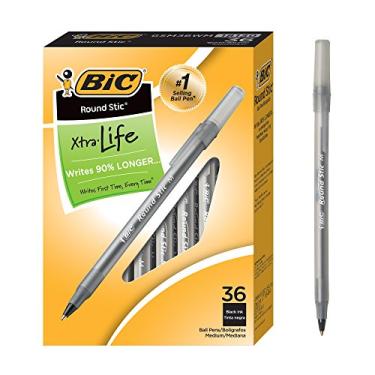 Imagem de BIC Canetas esferográficas pretas redondas Stic Xtra Life, ponta média (1,0 mm), pacote com 36 unidades, barril redondo flexível para conforto de escrita, canetas esferográficas número 1 em vendas