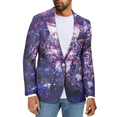 Imagem de Sprowallow Blazer masculino casual slim fit um botão elegante casacos esportivos lapela entalhada terno negócios blazers jaqueta outono, Borboleta roxa, Medium