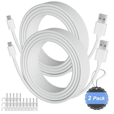 Imagem de Pacote com 2 cabos de alimentação USB para micro USB, cabo de carregamento longo, 21AWG OFC, cobre livre de oxigênio, compatível com Wyze Cam, Nest Cam, Yi Home Camera, câmera de segurança Kasa Cam,