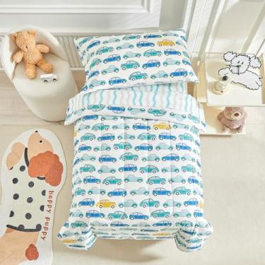 Imagem de Joyreap Conjunto de cama infantil de algodão de 4 peças - carros azuis, verdes e amarelos, para meninos e meninas, inclui edredom acolchoado, lençol de cima, lençol de cima e fronha