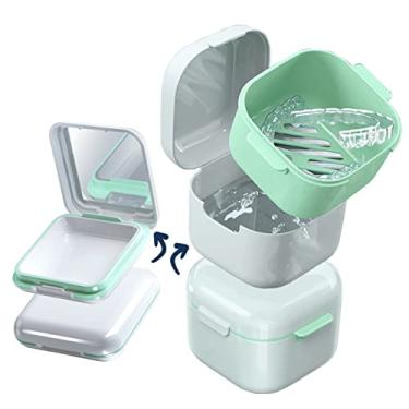 Imagem de MURRI&MURRDI Estojo retentor pacote com 2, estojo de dentadura com espelho, caixa de banho de dentadura com cesta de filtro, suporte de dentadura fofo, recipiente de armazenamento de imersão para