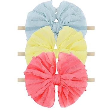 Imagem de Lanmerry Fitas de cabelo macias para bebês meninas com laços de cabelo para recém-nascidos e crianças pequenas, acessórios de cabelo azul, melancia, vermelho, amarelo claro, 3 peças