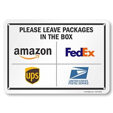 Imagem de SmartSign 17,8 x 25,4 cm "Please Leave Packages In The Box - Amazon, FedEx, UPS, USPS" Instruções de entrega Placa de metal, alumínio laminado à prova de ferrugem de 40 mm, multicolorido, feito nos