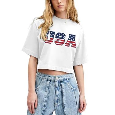 Imagem de Camiseta feminina com bandeira americana patriótica de 4 de julho camiseta manga curta Memorial Day camiseta cropped para meninas, #05 - Branco, M