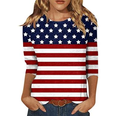 Imagem de Camisetas femininas de manga 3/4 com bandeira americana, listras estrelas, estampadas, túnica patriótica do Memorial Day, Branco, G