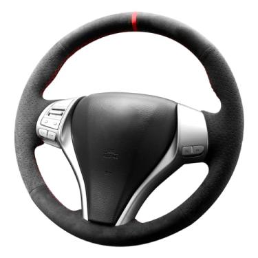 Imagem de Alfanxi Costura à mão Itália Alcantara Capa de volante para carro envoltório para Nissan Altima 2,5/3,5 SR/3,5 SL (Alcantara preto com pontos + faixa vermelha)
