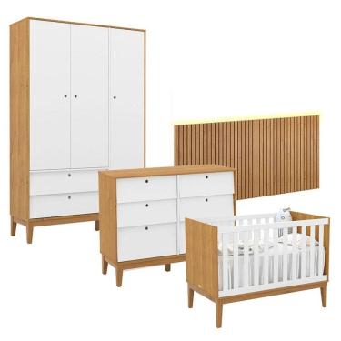 Imagem de Quarto de Bebê Unique 3 Portas com Cômoda 6 Gavetas e Painel Ripado com Led Freijó Branco Soft Eco Wood - Matic