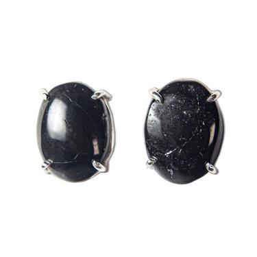 Imagem de Brinco Turmalina Preta Cabochao Oval Classe B 12mm Prata 950