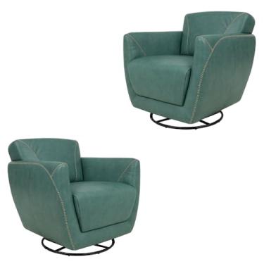 Imagem de Kit 2 Poltronas Decorativas Valentina Sala de Estar Giratória Couro Azul Turquesa Manchado G40 - Gran Belo