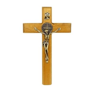 Imagem de Crucifixo de mão ou porta São Bento madeira clara 12 cm (Cruz da Libertação)